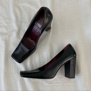 LERRE Black Leather Square Toe Block Heels 35.5